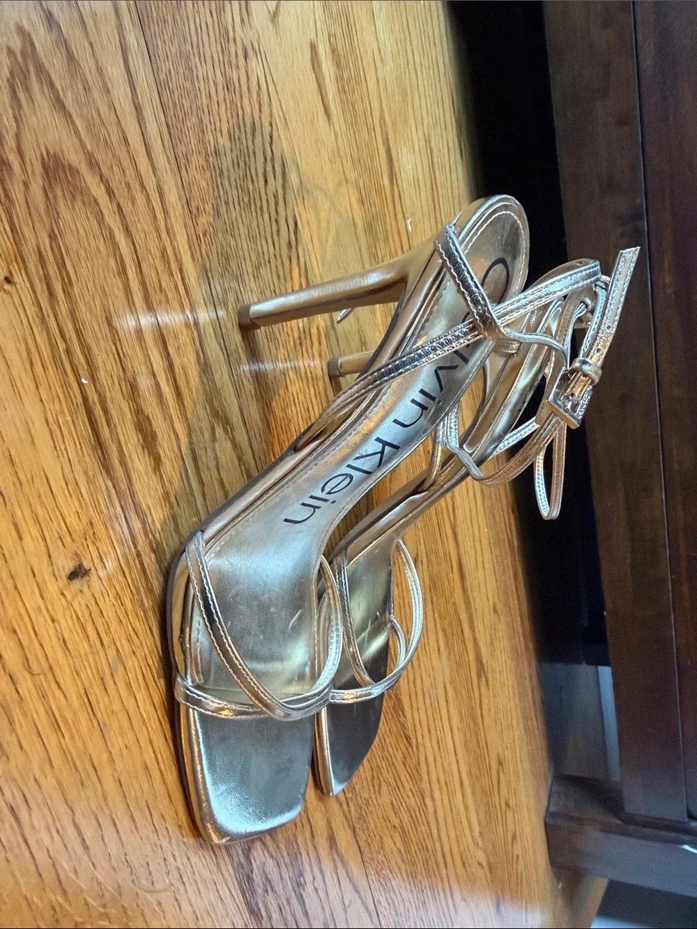 Calvin Klein Metallic Silver Strappy Square-Toe Heels